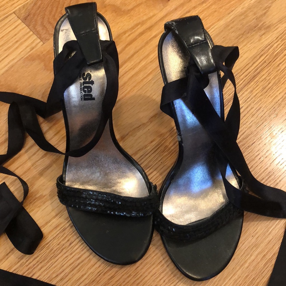 Sequin lace up shoes with satin ties.